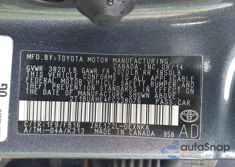 2015 Toyota Corolla Le z USA, uszkodzony, nr VIN 2T1BURHE4FC238076